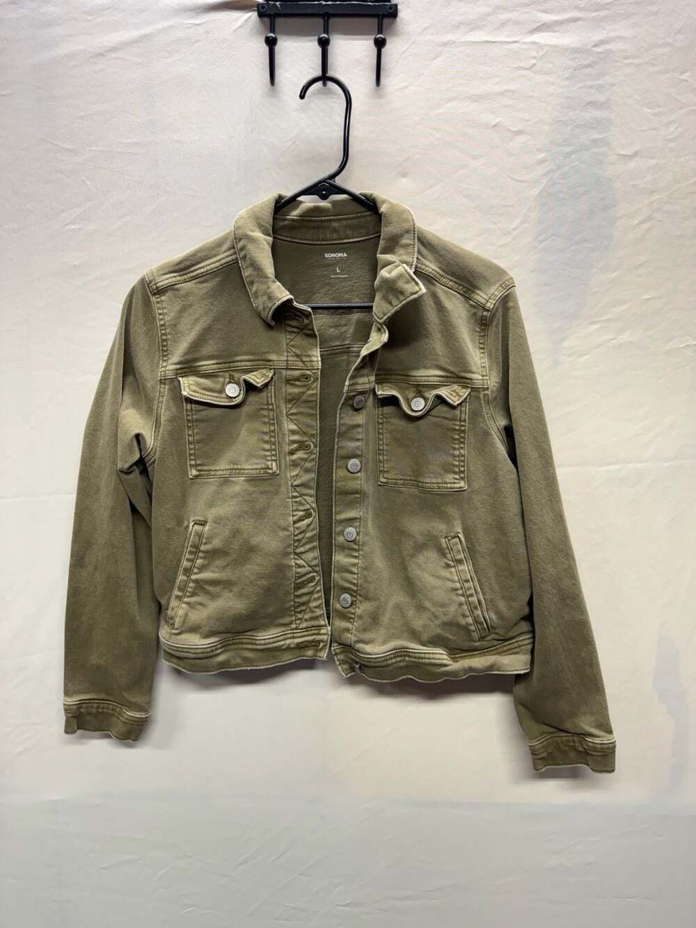 Sonoma Goods For Life Women's Olive Green Cropped Denim Trucker Jacket